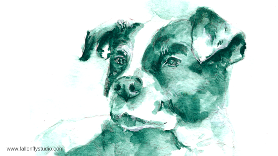 A green monochrome watercolor pet portrait by Fallon Mento.
