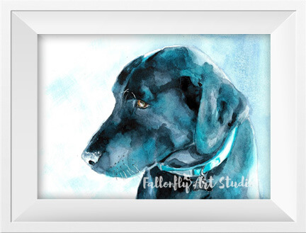 Kona, a black Labrador watercolor pet portrait by Fallon Mento