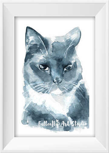 A gray monochrome watercolor cat portrait by Fallon Mento