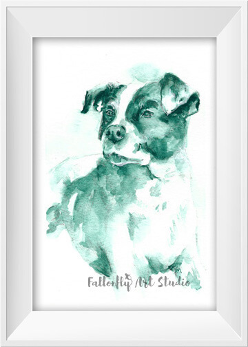 A green monochrome watercolor dog portrait by Fallon Mento