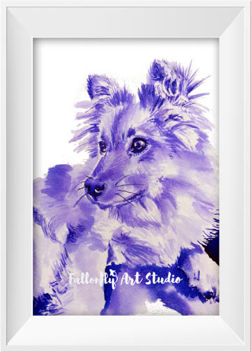 Panko, purple watercolor dog portrait by Fallon Mento