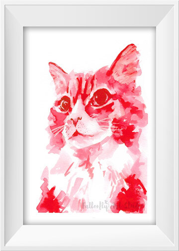 A red monochrome watercolor cat portrait by Fallon Mento