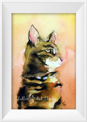 Hanson, tiger tabby cat watercolor pet portrait by Fallon Mento
