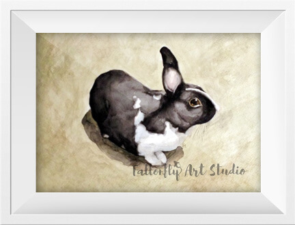 Oreo, watercolor rabbit pet portrait by Fallon Mento
