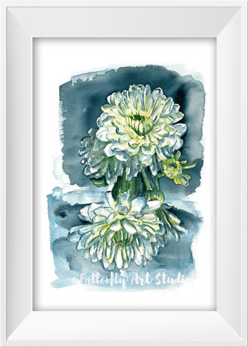 Truth Reflected, a white chrysanthemum watercolor painting by Fallon Mento