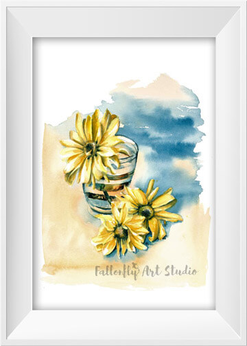 yellow daisy flower watercolor painting by Fallon Mento